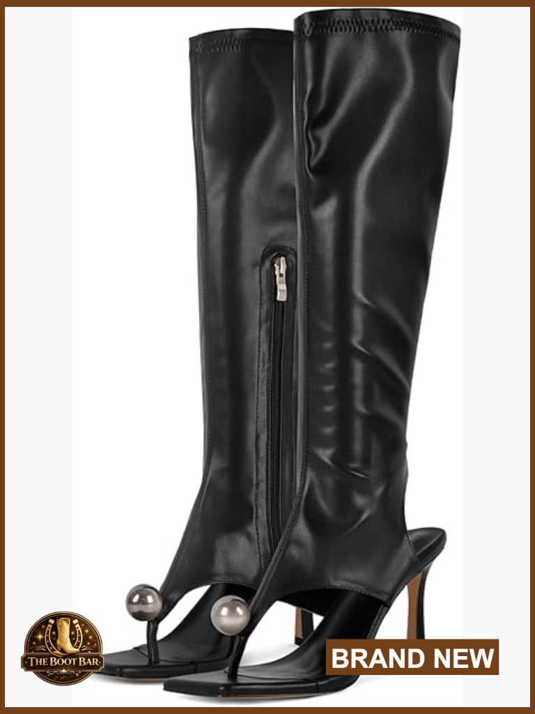 Knee High Pearl Stretch Stiletto Sandal Boots Square Open Toe Heeled
